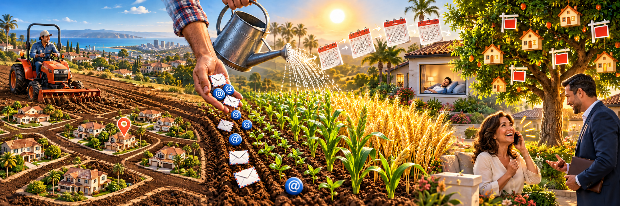 A real estate farming story: selecting a neighborhood, planting mail and email, nurturing crops with monthly campaigns while the agent sleeps, and harvesting calls and listings